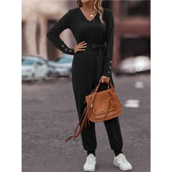 V-Neck Long Sleeve Tie Waist Jumpsuit - Picture 2 of 7